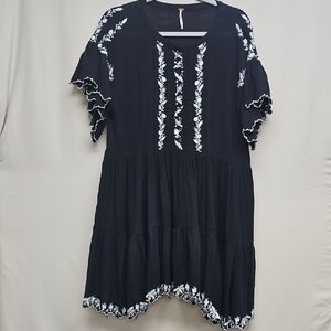Free People Black Embroidered Tiered Dress Small Boho Cottagecore Mini